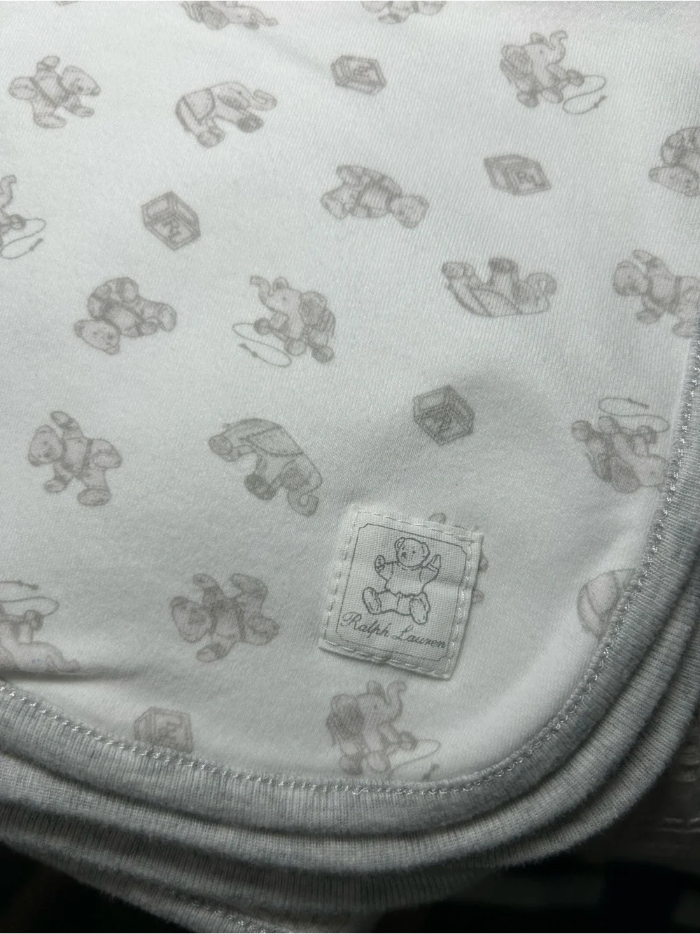 Ralph Lauren Heather Gray & White Baby Blanket with Teddy Print